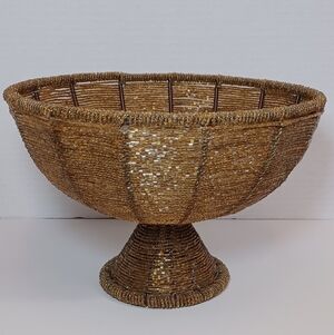 Handcrafted Vintage Gold Amber Beaded Metal Decorative Bowl Bohemian Decor MCM